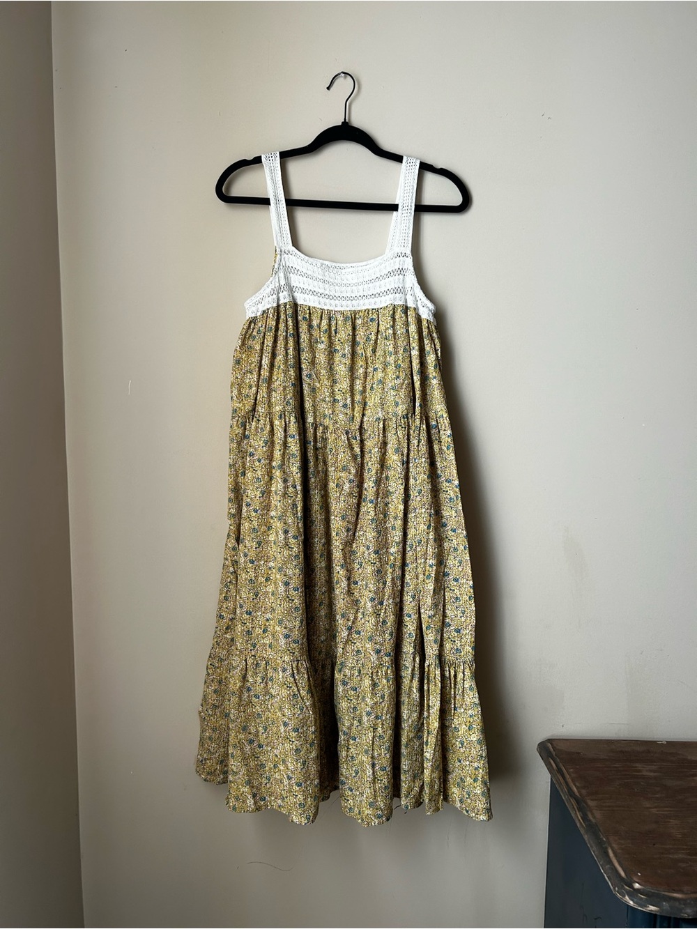 Universal Thread Yellow Floral Tiered Sundress with White Crochet Bodice